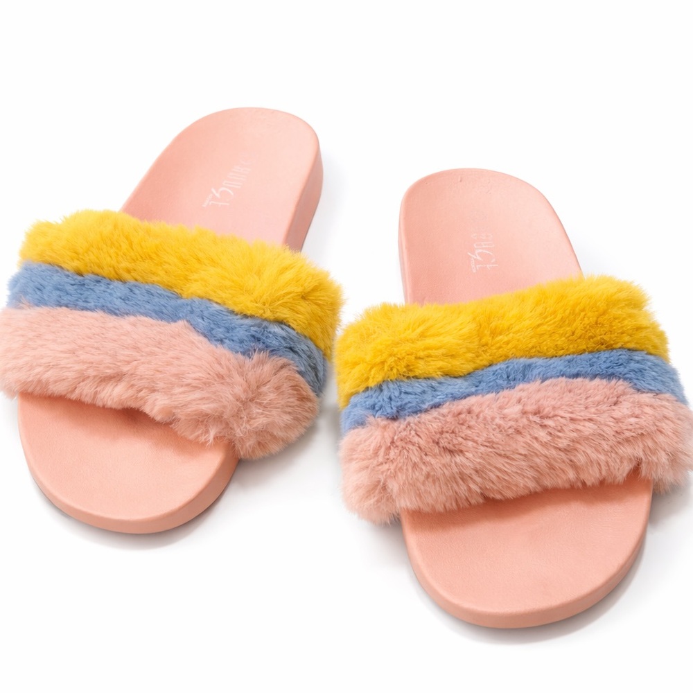 Rouge Faux Fur Colorblock Slide Slippers Pink Yellow Blue Women's Size 9